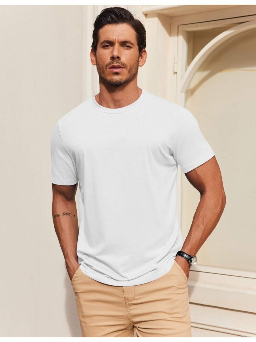 Men's White T-Shirt Short Sleeve Cotton Blend Crew Neck Casual Summer Basic Tee - Picture 5 of 6